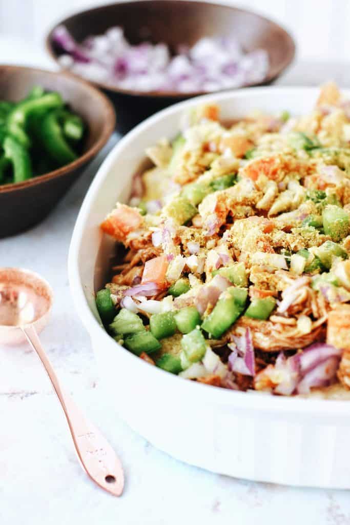 close up of dairy free loaded bbq chicken nachos