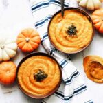 bowls of creamy dairy free roasted butternut squash soup