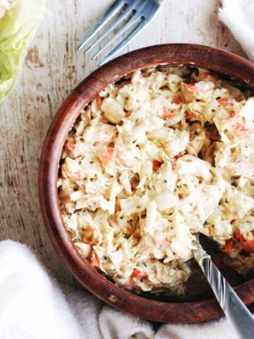 wooden bowl of healthy chicken salad recipe
