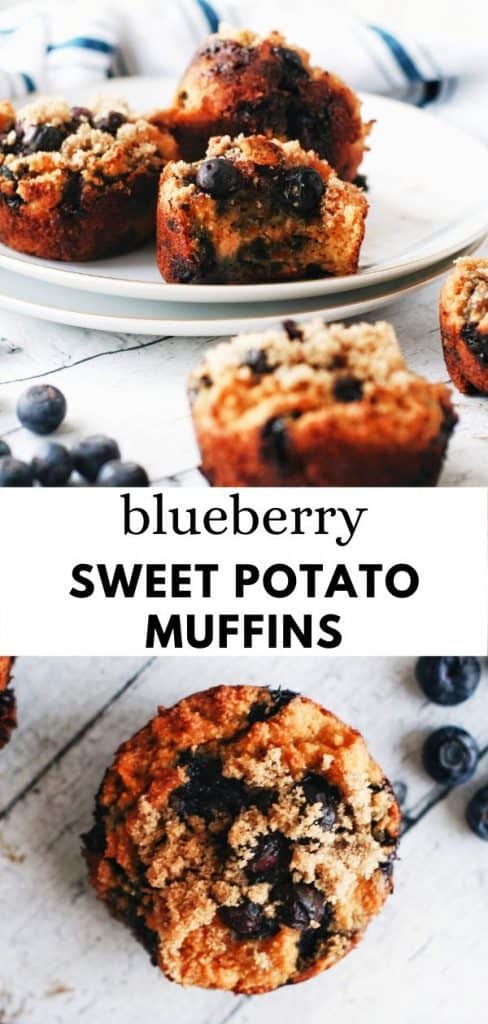 These healthy gluten free blueberry sweet potato muffins are so easy to make and so yummy! Made with almond flour and maple syrup for a healthy clean eating muffin recipe.