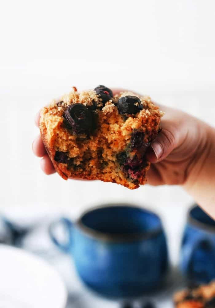 hand holding up a muffin with a bite in it