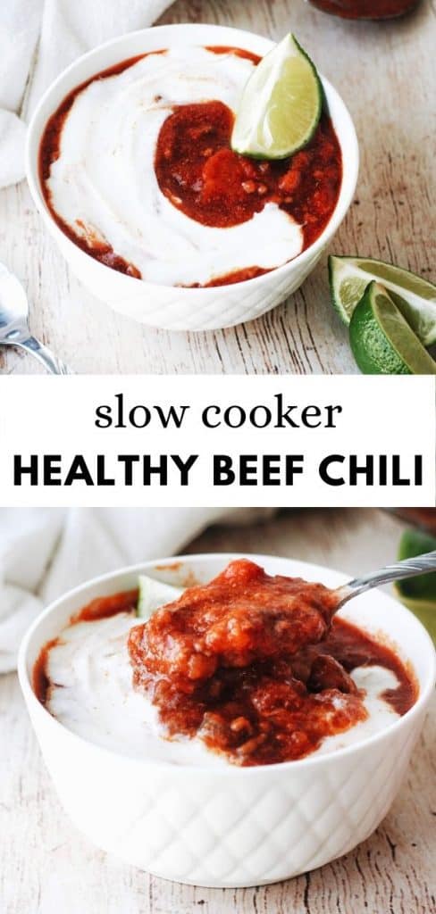 This healthy beef chili recipe is made in the crock pot and is so delicious and easy to make! Full of veggies and spices plus a secret ingredient.