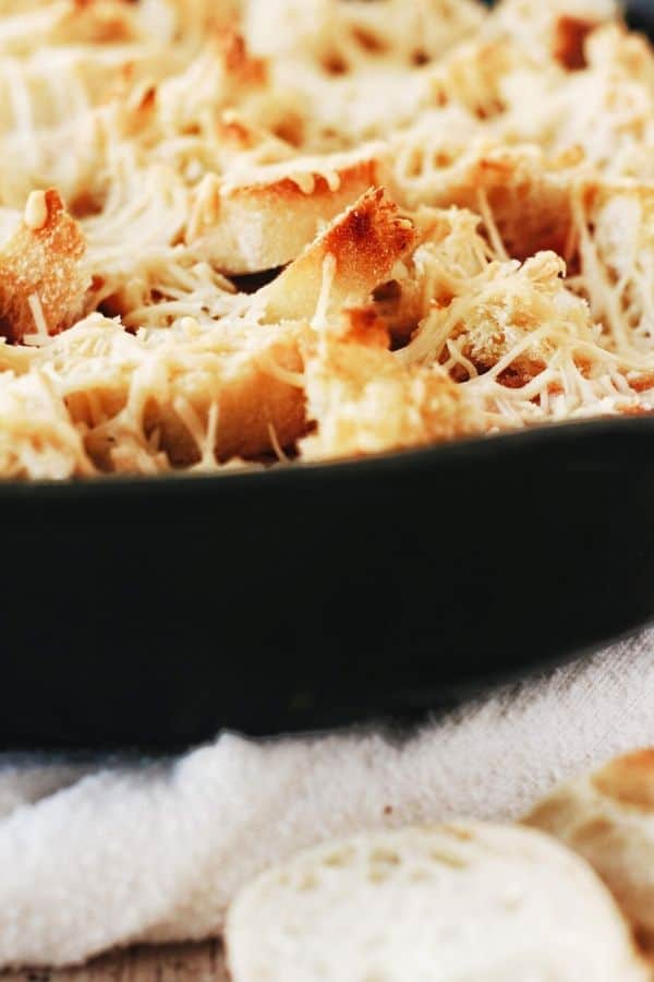 close up of the garlic bread on the gnocchi bake