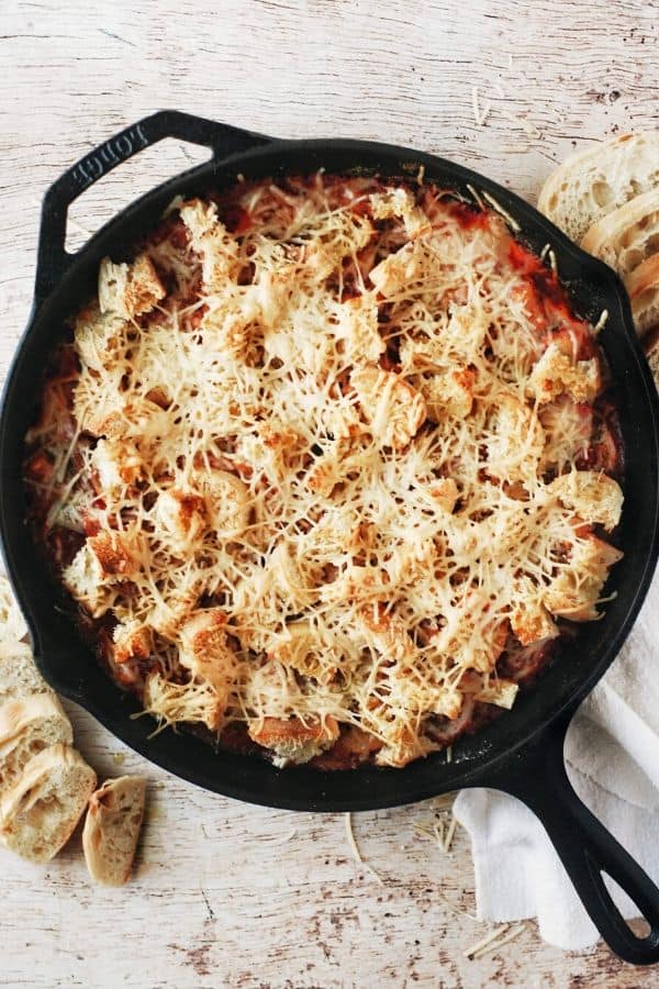 top view of a skillet baked gnocchi