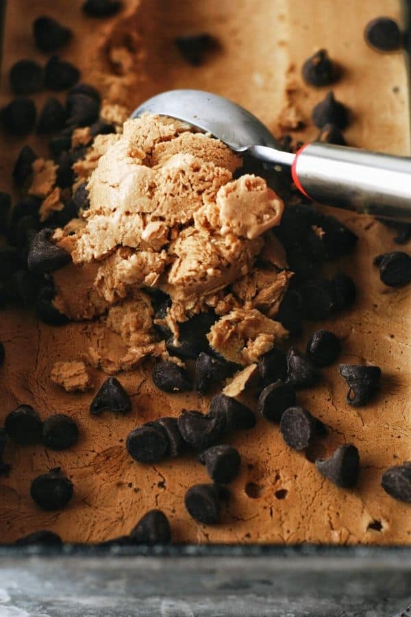 getting a scoop of chocolate chip coffee frozen yogurt