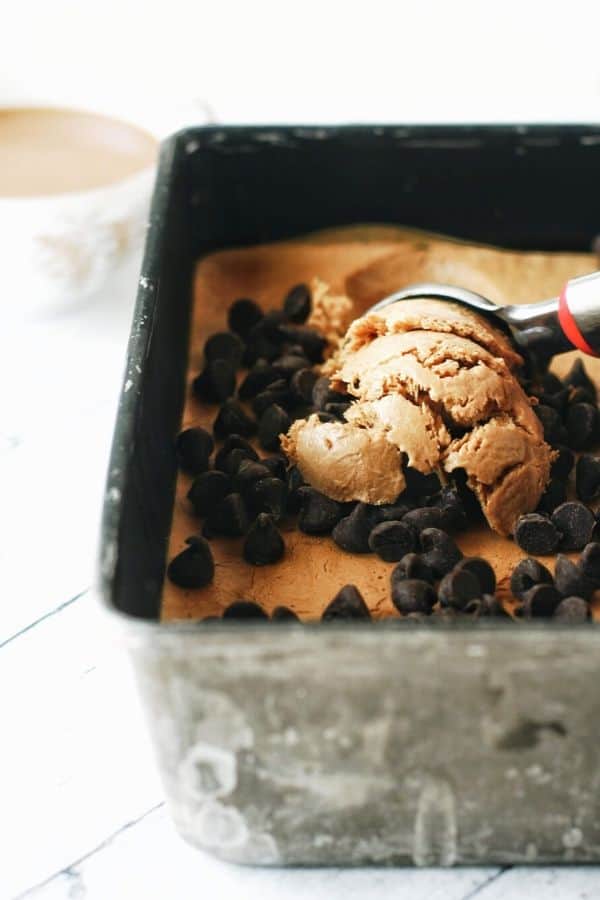 a container full of frozen yogurt and chocolate chips being scooped