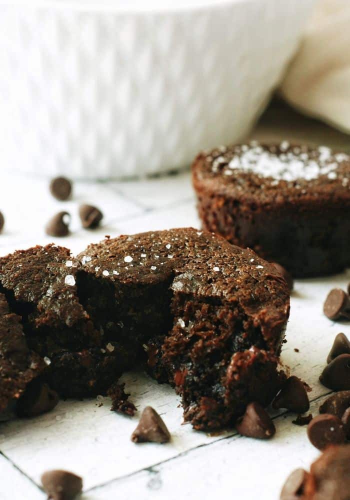 a broken up almond flour chocolate muffins