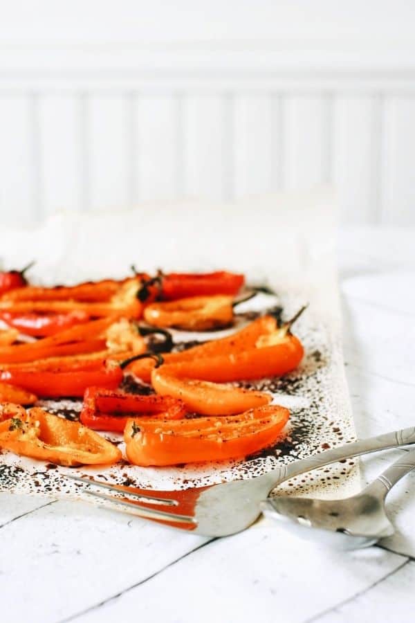 Roasted peppers on parchment paper