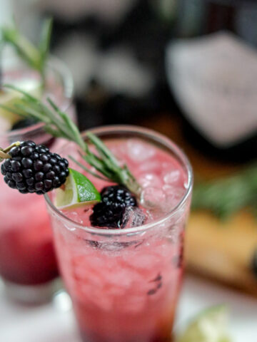 square blackberry gin and tonic photo with blackberries, lime, and rosemary garnish